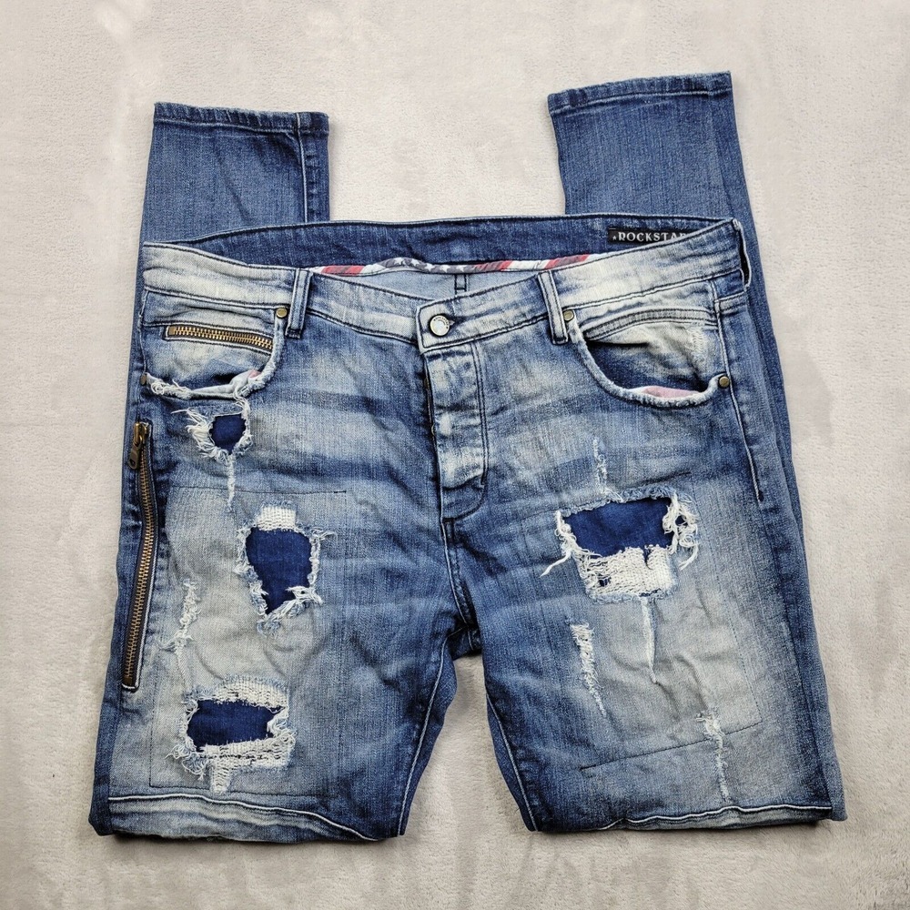 Rockstar Jeans Mens 38 Button Fly Straight Pants Fading Whisker Thrashed Sushi‎